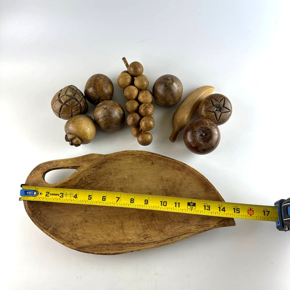 Vtg MCM Wooden Bowl With Fruit 9 Pieces Of Hand Carved Fruit & Wooden Leaf Bowl - Picture 7 of 13